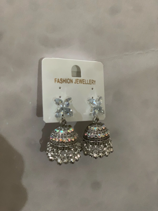 Groove Gallery  Sparkle Stone Studded Silver Jhumka Earrings