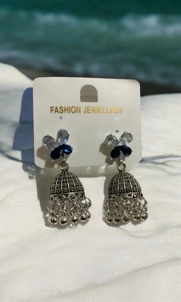 Groove Gallery  Silver-Tone Oxidized Jhumka Earrings with Blue and Clear Stone Floral Studs