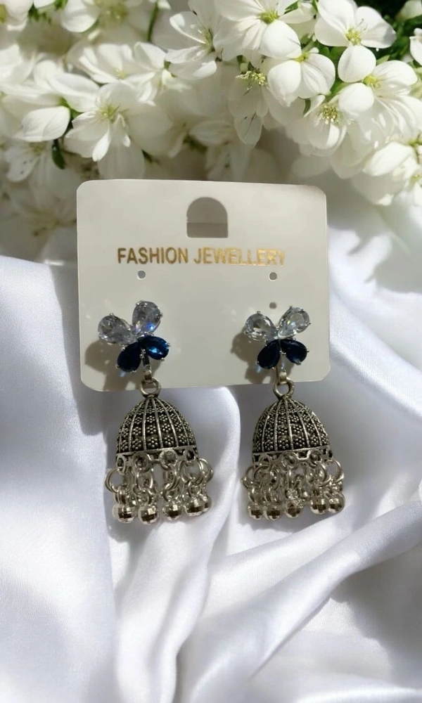Groove Gallery  Silver-Tone Oxidized Jhumka Earrings with Blue and Clear Stone Floral Studs