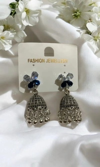 Groove Gallery  Silver-Tone Oxidized Jhumka Earrings with Blue and Clear Stone Floral Studs