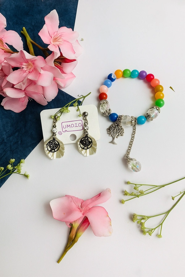 Groove Gallery  Floral Pearl Drop Earrings & Rainbow Charm Bracelet Set