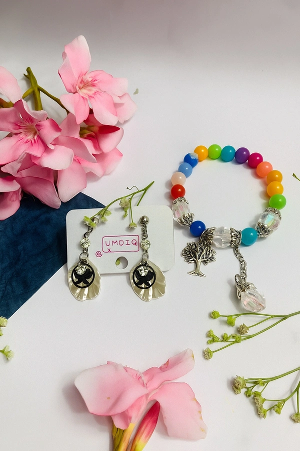 Groove Gallery  Floral Pearl Drop Earrings & Rainbow Charm Bracelet Set