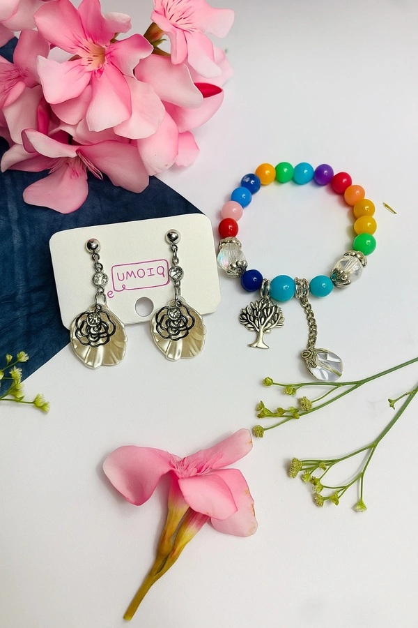 Groove Gallery  Floral Pearl Drop Earrings & Rainbow Charm Bracelet Set