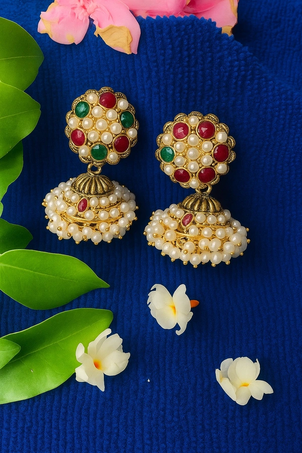 Groove Gallery  Pearl & Stone Studded Jhumka Earrings