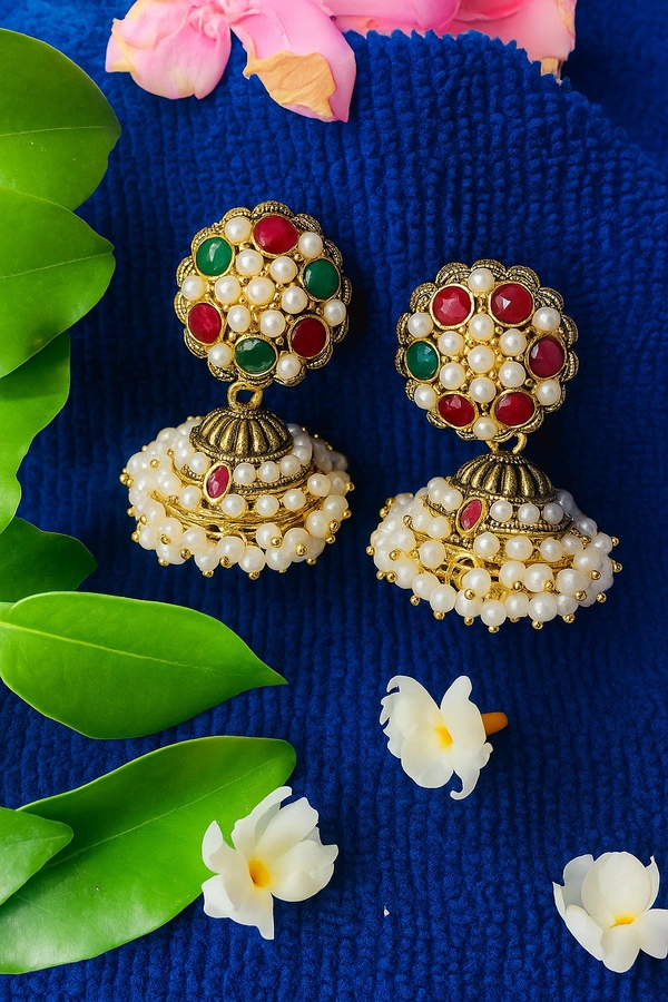 Groove Gallery  Pearl & Stone Studded Jhumka Earrings