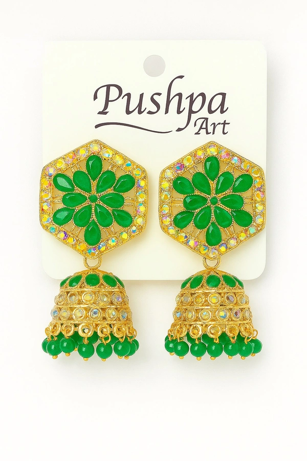 Groove Gallery  Green Stone Studded Hexagon Floral Jhumka Earrings