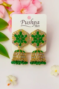 Groove Gallery  Green Stone Studded Hexagon Floral Jhumka Earrings