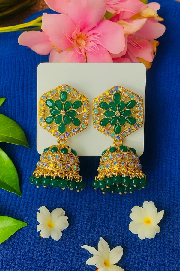Groove Gallery  Green Stone Studded Hexagon Floral Jhumka Earrings