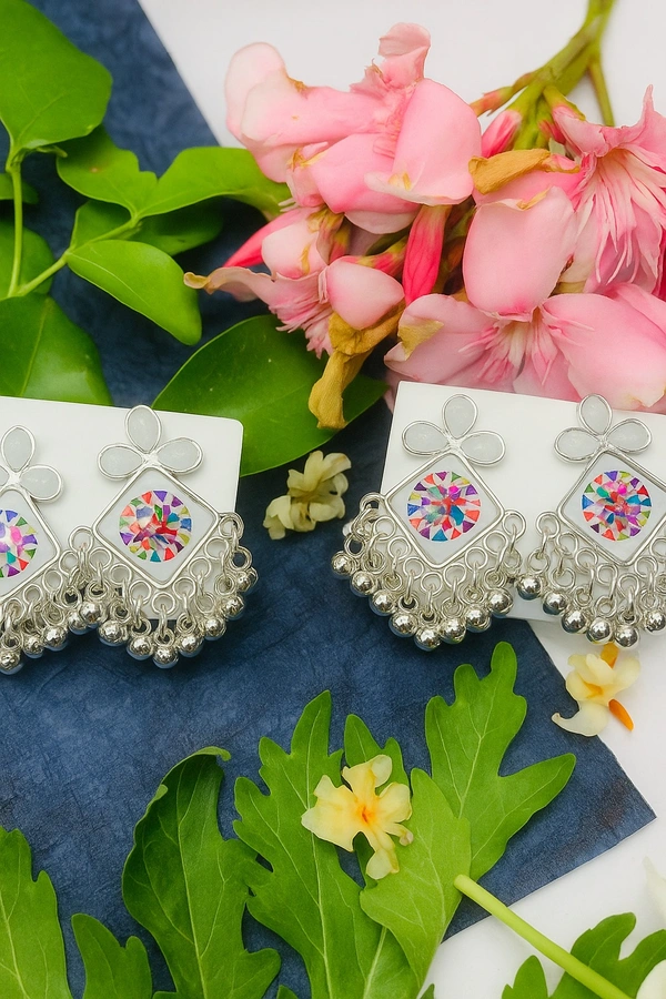 Groove Gallery  Trendy Oxidised Silver Plated Floral Mirror Work Earrings