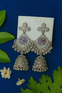 Groove Gallery  Trendy Oxidised Silver Plated Floral Mirror Work Earrings
