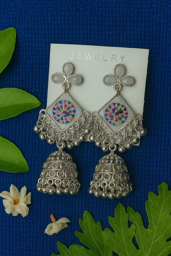 Groove Gallery  Trendy Oxidised Silver Plated Floral Mirror Work Earrings