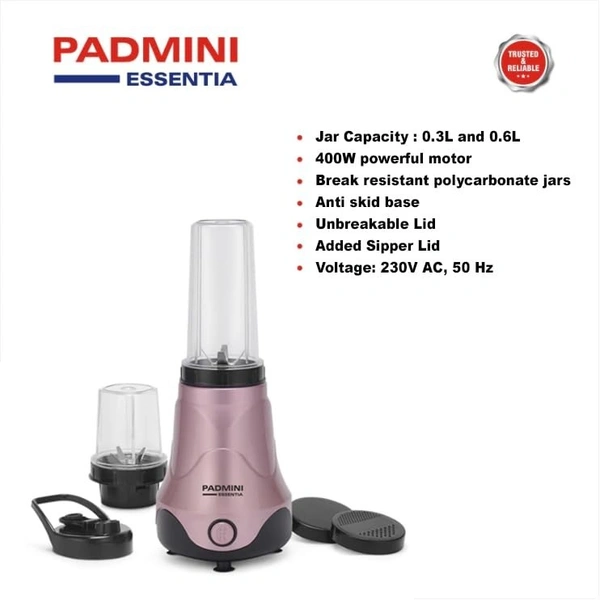  PADMINI NUTRI-BLEND Mixer/Blender/Smoothie Shake Maker/Break resistant transparent PC jars/ 2 Blade Set/with seasoning cap/ 2-Year Complete Warranty, 
