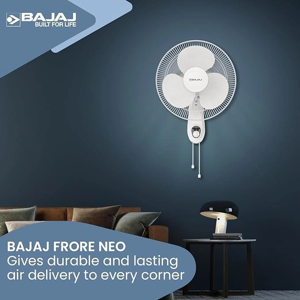 Bajaj Frore Neo 400 MM Wall Mount Fan|Wall Fan for Kitchen & Home| Smooth Oscillation|100% CopperMotor| HighAir Delivery|3-Speed Control| Rust Free| 2-Yr Warranty White - 300mm