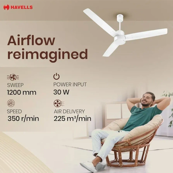 Havells FAB BLDC Ceiling Fan 1200mm, 350 RPM, Savings upto 65%, Reverse Rotation, 4 Modes (Boost, Sleep, Breeze, Mop), Low Wattage 30W, Low Noise, Air Flow:225 CMM, 3 Year Warranty, Elegant White - 1200 MM