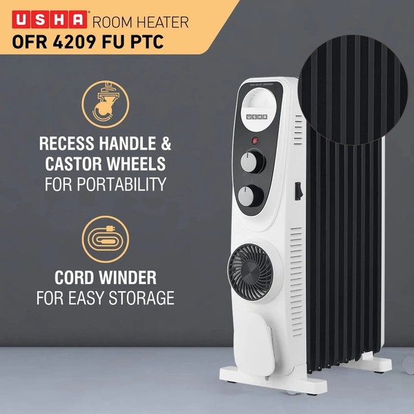  USHA 4211 FU PTC U Shaped 11 Fin Oil Filled Radiator Room Heater (Black)