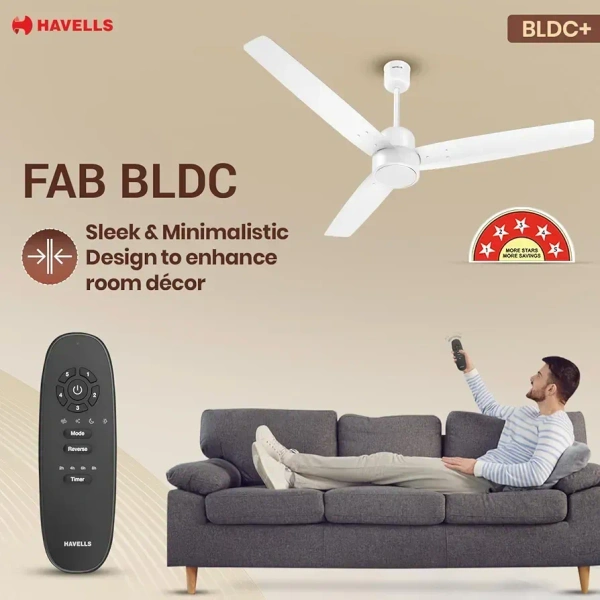 Havells FAB BLDC Ceiling Fan 1200mm, 350 RPM, Savings upto 65%, Reverse Rotation, 4 Modes (Boost, Sleep, Breeze, Mop), Low Wattage 30W, Low Noise, Air Flow:225 CMM, 3 Year Warranty, Elegant White - 1200 MM