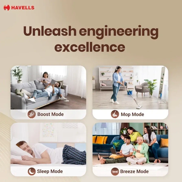 Havells FAB BLDC Ceiling Fan 1200mm, 350 RPM, Savings upto 65%, Reverse Rotation, 4 Modes (Boost, Sleep, Breeze, Mop), Low Wattage 30W, Low Noise, Air Flow:225 CMM, 3 Year Warranty, Elegant White - 1200 MM