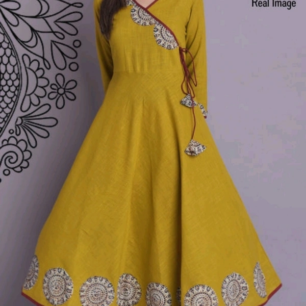 Women Rayon Slub Flared Printed Yellow Kurti - all