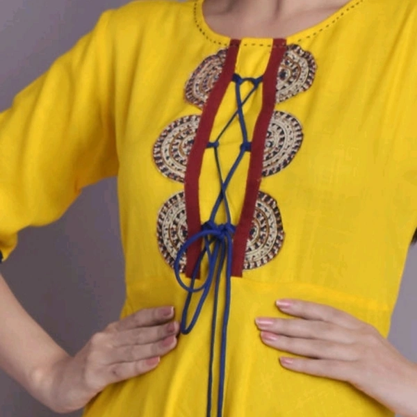 Women Rayon Slub Flared Printed Yellow Kurti - all