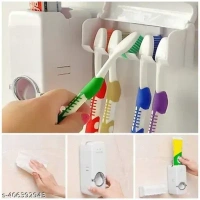 Fab Innovations Hands Free Wall Mounted Plastic Dust Proof Automatic Toothpaste Dispenser and Detachable Hole 5 Toothbrush Holder, Whitetoothbrush holder toothpaste dispenser - 