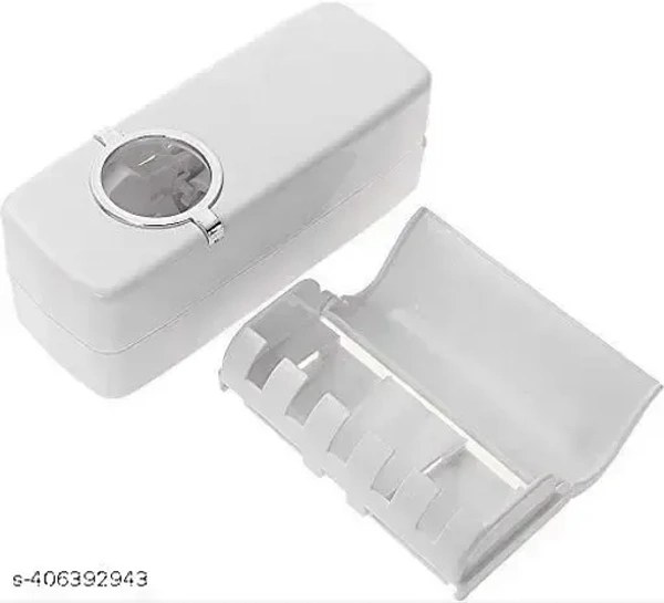 Fab Innovations Hands Free Wall Mounted Plastic Dust Proof Automatic Toothpaste Dispenser and Detachable Hole 5 Toothbrush Holder, Whitetoothbrush holder toothpaste dispenser - 