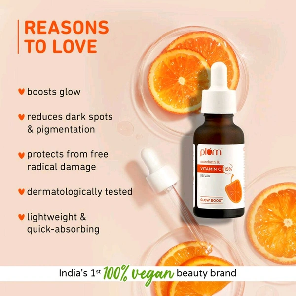 Plum Goodness Plum 15% Vitamin C Glow Face Serum Dermat Tested Fight Dark Spots, Pigmentation & Dull Skin (30ml) - 30ml
