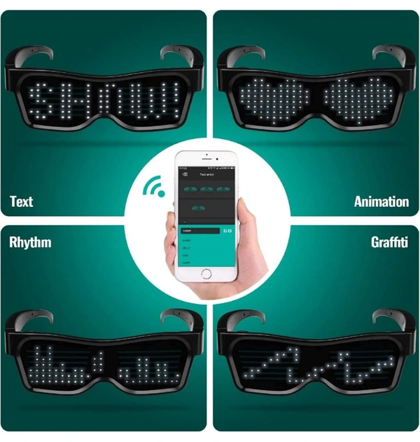 AUGEN LED Glasses, Bluetooth APP Connected LED Display Smart Glasses USB Rechargeable DIY Funky Eyeglasses for Party Club DJ Halloween Christmas(Text, Graffiti, Animation, Music Rhythm)