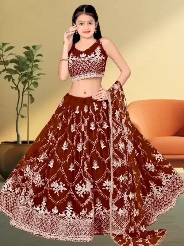  Lehenga, Choli and Dupatta Set Girls Lehenga Choli Party Wear Embroidered Lehenga, Choli and Dupatta Set (Orange, Pack of 1)