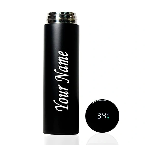 Kraftify Personalized Stainless Steel LED Temperature Water Bottle with Your Name Permanently Engraved with Temperature Display - Black