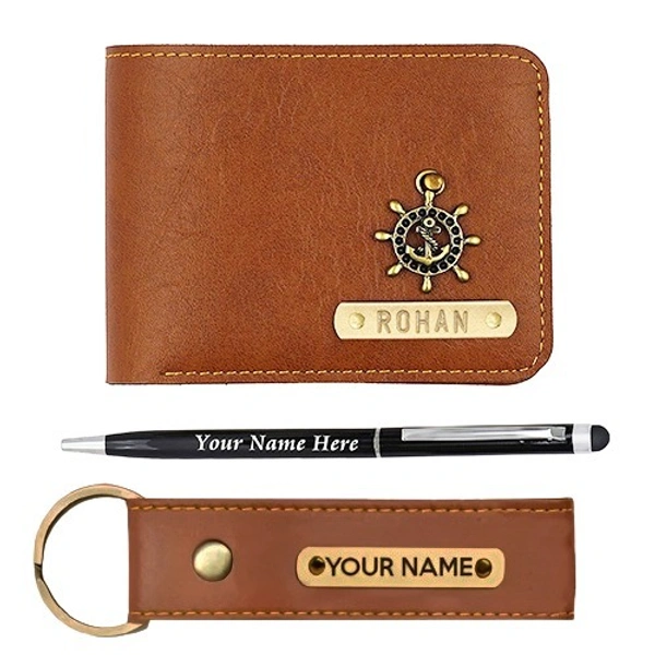 Kraftify Personalized Men's Name Wallet, Keychain, and Pen Combo Gift Set  - Tan