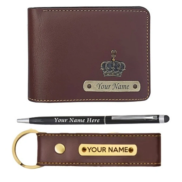 Kraftify Personalized Men's Name Wallet, Keychain, and Pen Combo Gift Set  - Dark Brown