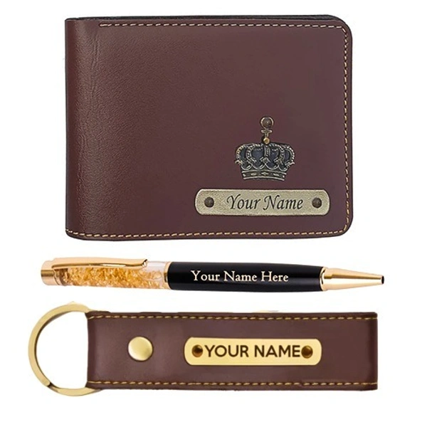 Kraftify Personalized Men's Name Wallet, Keychain, and Pen Combo Gift Set  - Dark Brown