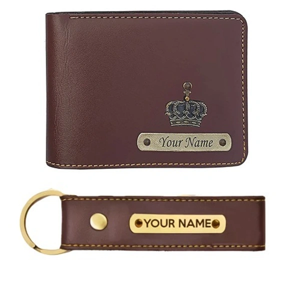 Kraftify Personalized Men's Name Wallet and Keychain Combo Gift Set - Dark Brown