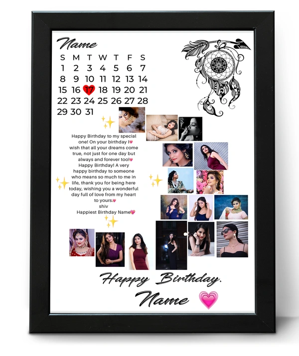 Krafitfy Kraftify Personalized 16 Photos, Birthday Date, Name Photo Collage Vertical Frame For Birthday Gift, Personalized Collage Gift, Wall Photo Frame (13X10, Black) (A4 Size Photo Print) For Photo Print Please Send Photo as per given instruction on image number 2. - 13 x 10 Inch