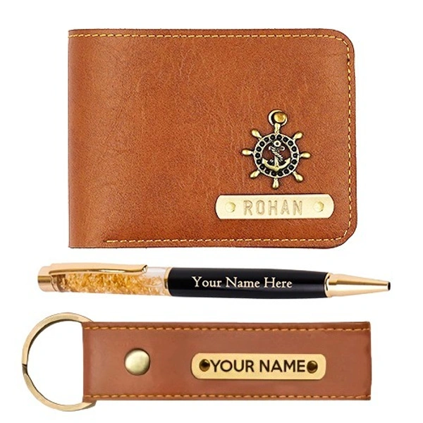 Kraftify Personalized Men's Name Wallet, Keychain, and Pen Combo Gift Set  - Tan