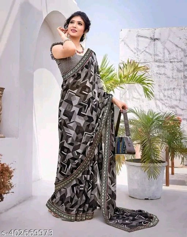 SSC Women's Trendy Printed Jacquard Lace Georgette Saree with Blouse Material - Free