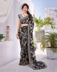 SSC Women's Trendy Printed Jacquard Lace Georgette Saree with Blouse Material - Free, Black