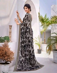 SSC Women's Trendy Printed Jacquard Lace Georgette Saree with Blouse Material - Free, Black