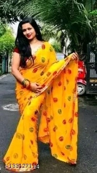 Yellow Georgette Bandhani Lace Border Saree with Blouse - Yellow, Free