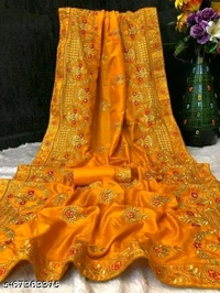 Embroidered Bollywood Art Silk Saree  (Yellow) - Yellow, Free