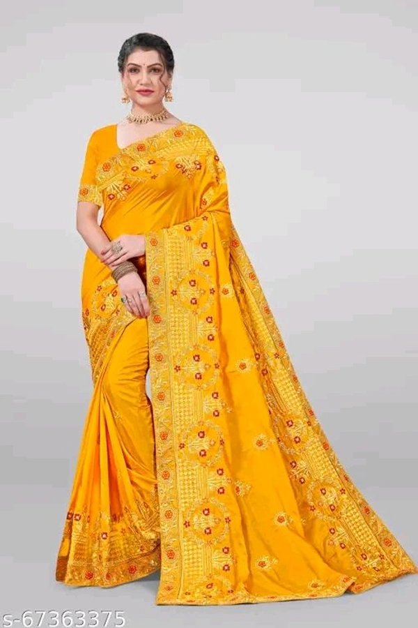 Embroidered Bollywood Art Silk Saree  (Yellow) - Yellow, Free