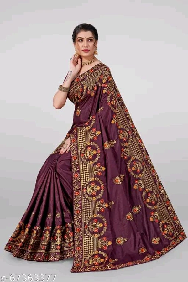 Sarees Women's New Silk Embroidery Work Maroon Saree With Silk Blouse Piece - Free, Purple