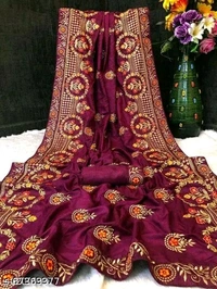 Sarees Women's New Silk Embroidery Work Maroon Saree With Silk Blouse Piece - Free, Purple
