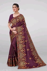 Sarees Women's New Silk Embroidery Work Maroon Saree With Silk Blouse Piece - Free, Purple
