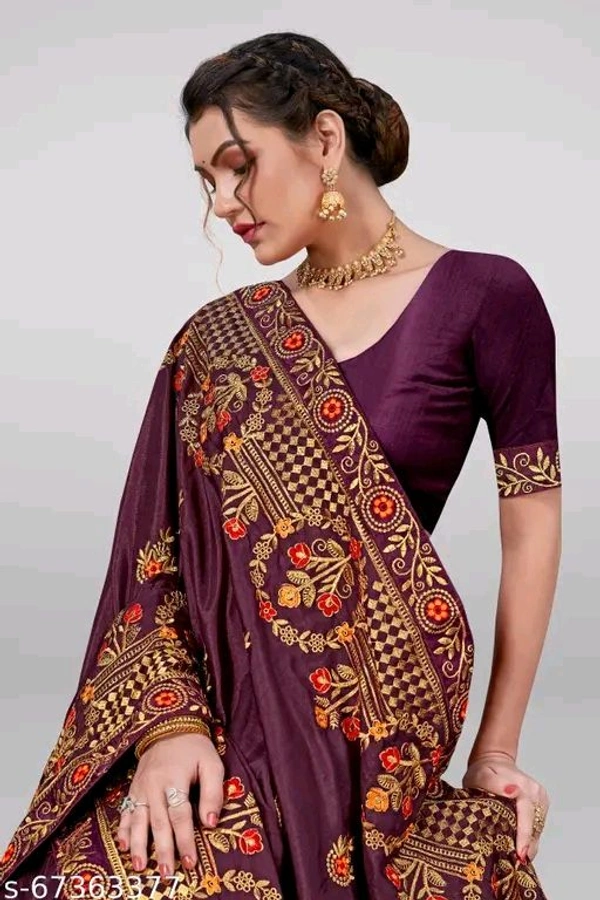 Sarees Women's New Silk Embroidery Work Maroon Saree With Silk Blouse Piece - Free, Purple