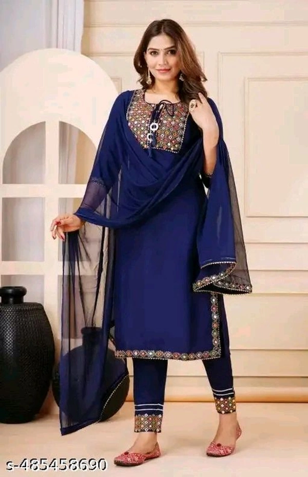 Wonderful Attractive Women Ethnic Partywear And Festival Wear Embroidery Work Purple Color Kurti Pant With Dupatta - Blue, XXL