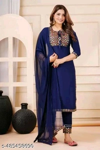 Wonderful Attractive Women Ethnic Partywear And Festival Wear Embroidery Work Purple Color Kurti Pant With Dupatta - Blue, XXL