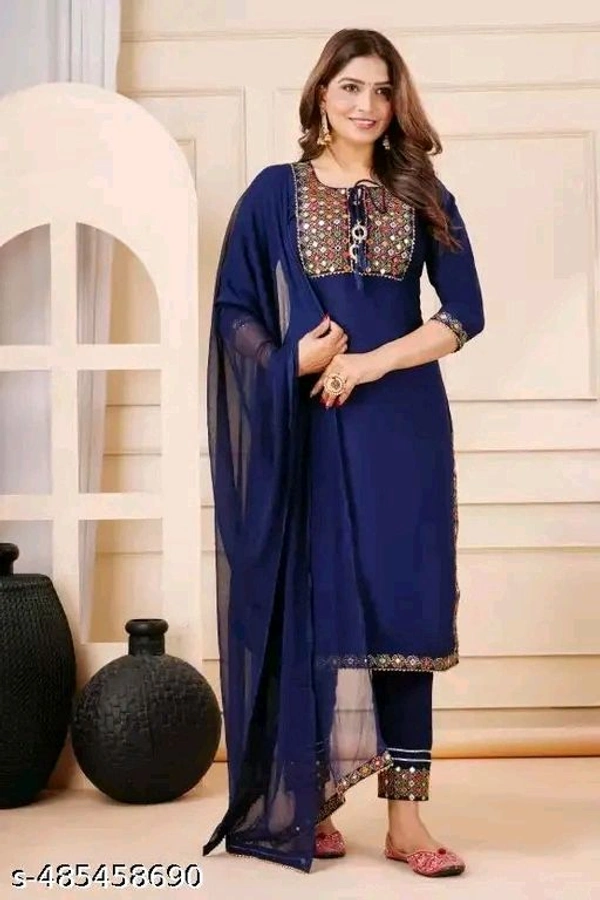Wonderful Attractive Women Ethnic Partywear And Festival Wear Embroidery Work Purple Color Kurti Pant With Dupatta - Blue, XXL