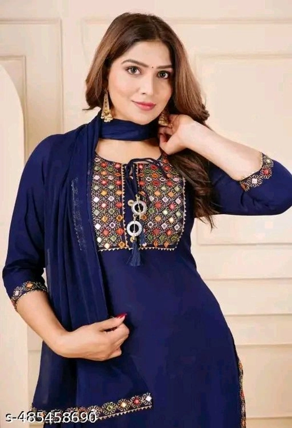 Wonderful Attractive Women Ethnic Partywear And Festival Wear Embroidery Work Purple Color Kurti Pant With Dupatta - Blue, XXL