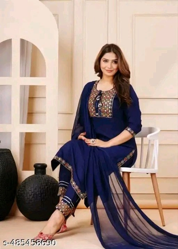 Wonderful Attractive Women Ethnic Partywear And Festival Wear Embroidery Work Purple Color Kurti Pant With Dupatta - Blue, M